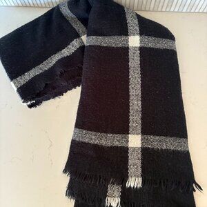 H&M Black and White Plaid Scarf With Fringe Edges, Checkered
